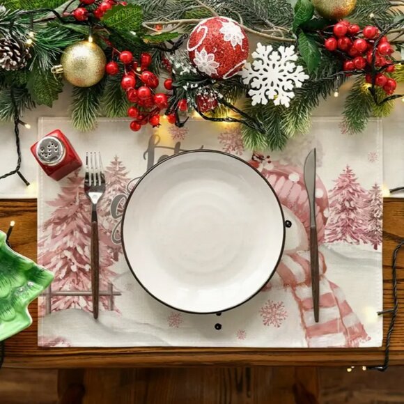 1/4pcs, Pink Christmas Placemats, Linen Pink Snowman Trees Christmas Placemats - Picture 3 of 3
